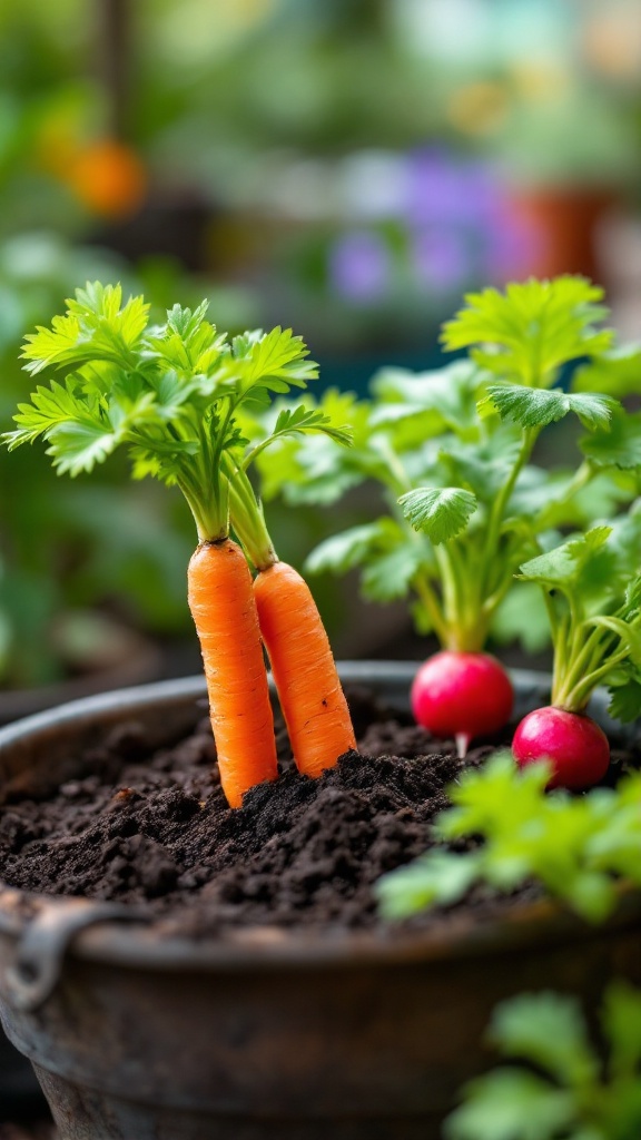 A close-up of a pot with growing carrots and radishes, showcasing fresh green tops and rich soil.