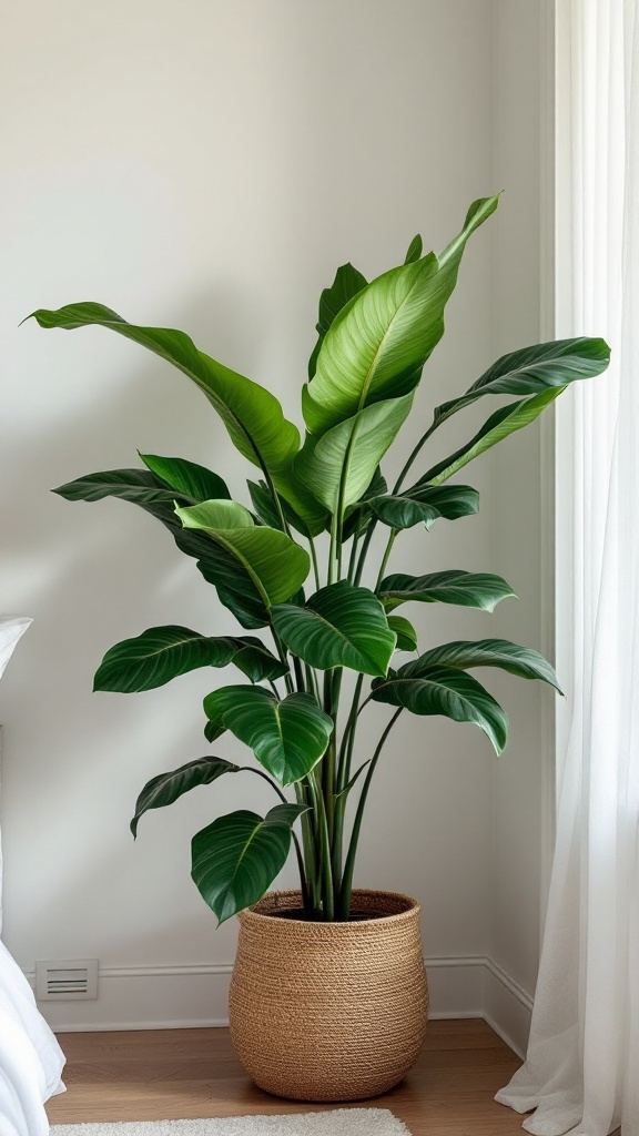 A rubber plant in a woven pot, showcasing large green leaves and a cozy indoor setting.