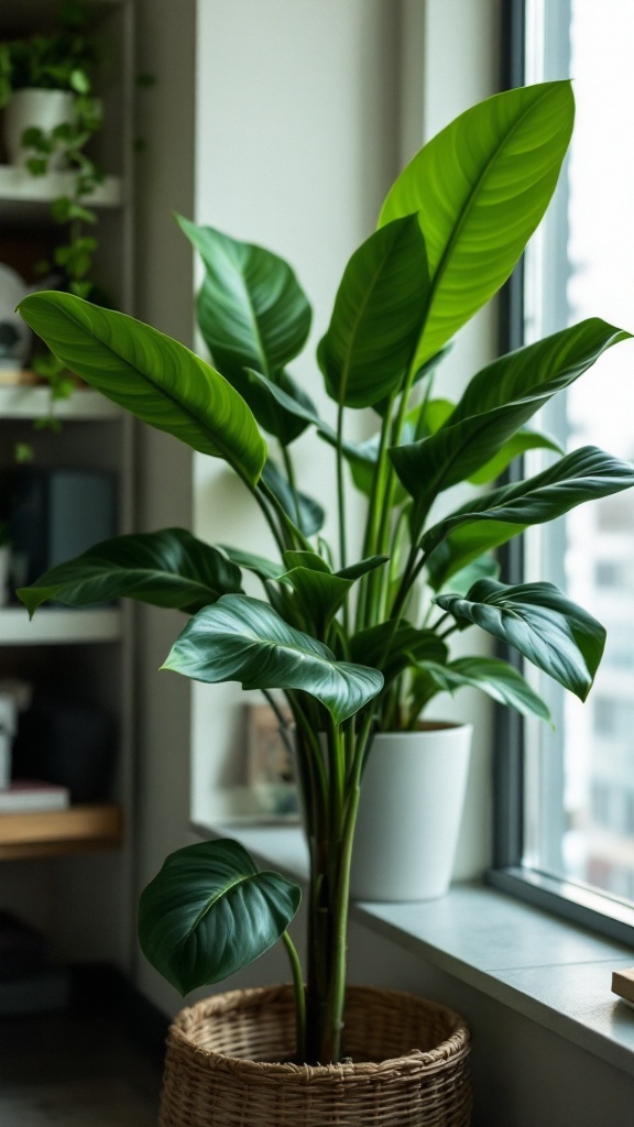 A rubber plant with large green leaves in a stylish woven basket near a window.