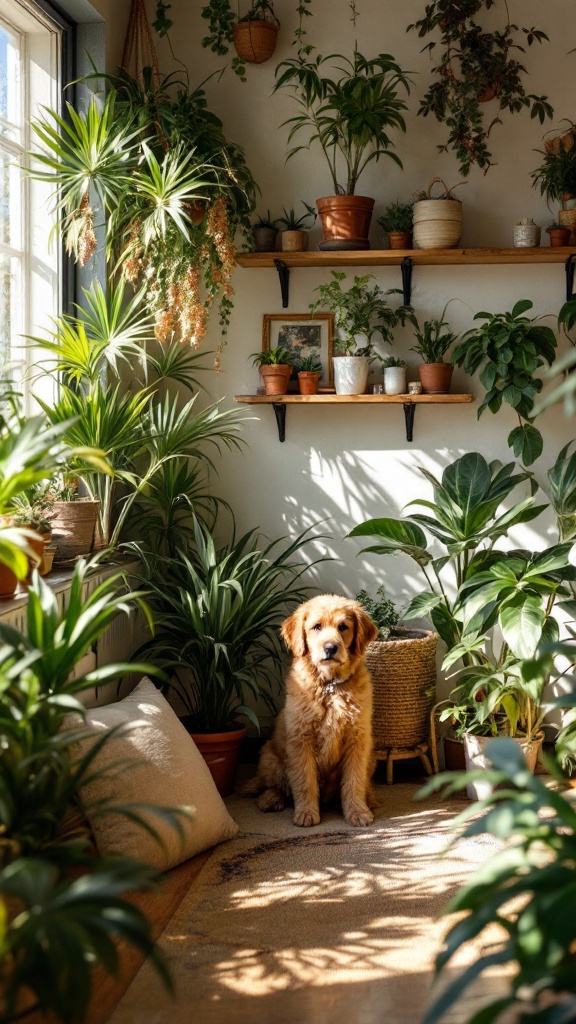 A cozy room filled with green plants and a golden retriever sitting on a rug.