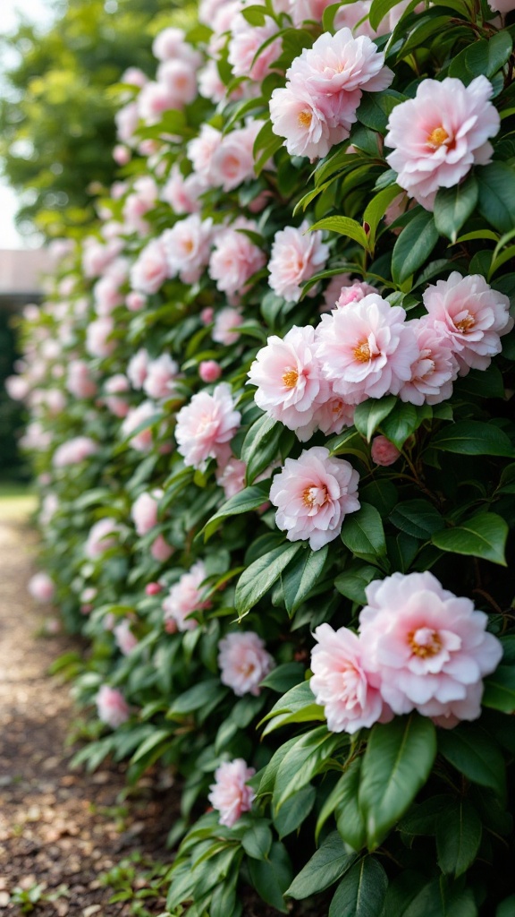 A lush row of pink Sasanqua camellia flowers blooming against a green backdrop.