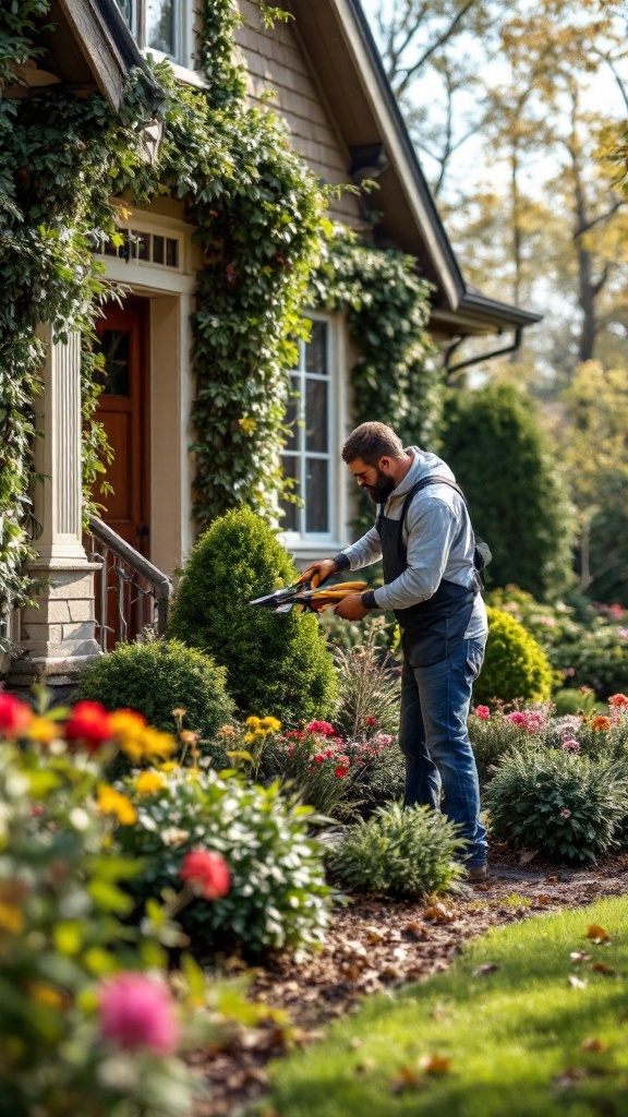 A person trimming bushes in a well-maintained garden near a house.