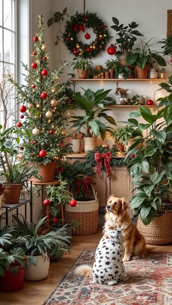 Cozy indoor space decorated for the holidays with plants and two dogs.