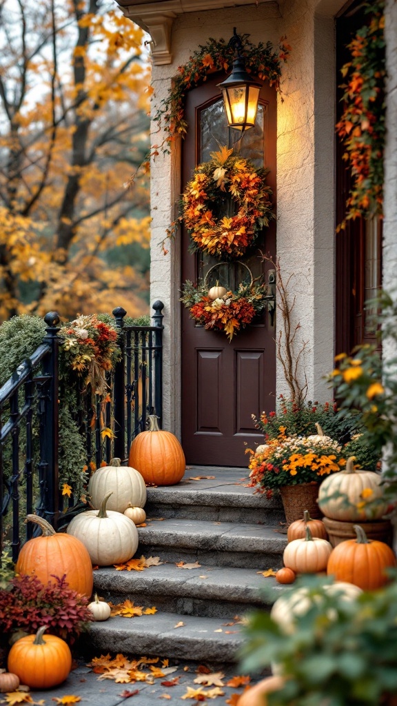 Decorative autumn scene with pumpkins and fall foliage