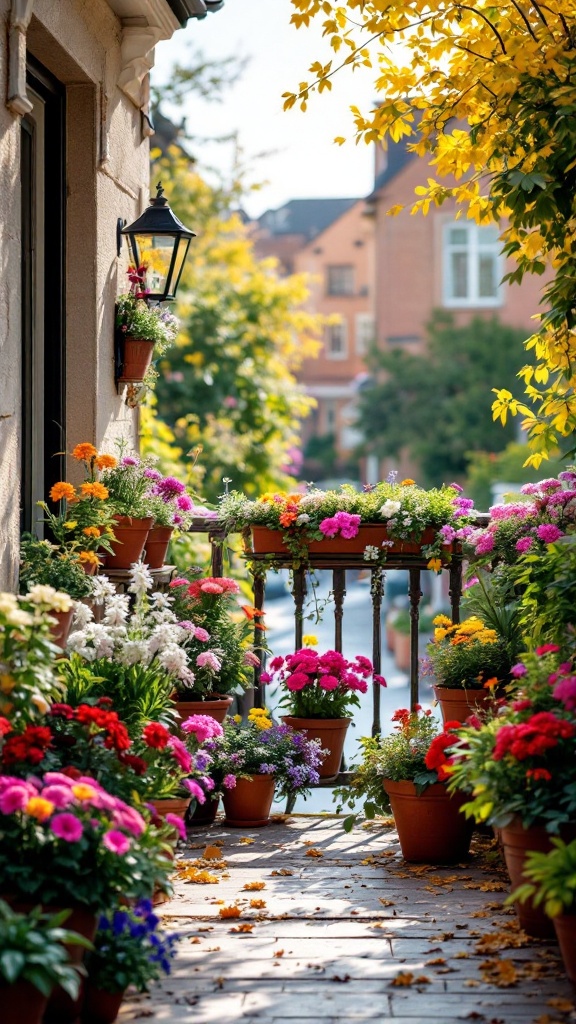 A vibrant small balcony garden filled with colorful flowers in pots.