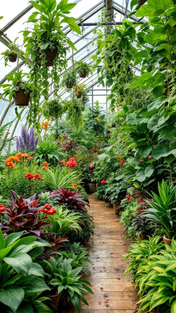 A vibrant greenhouse filled with various plants, including flowers and greenery.