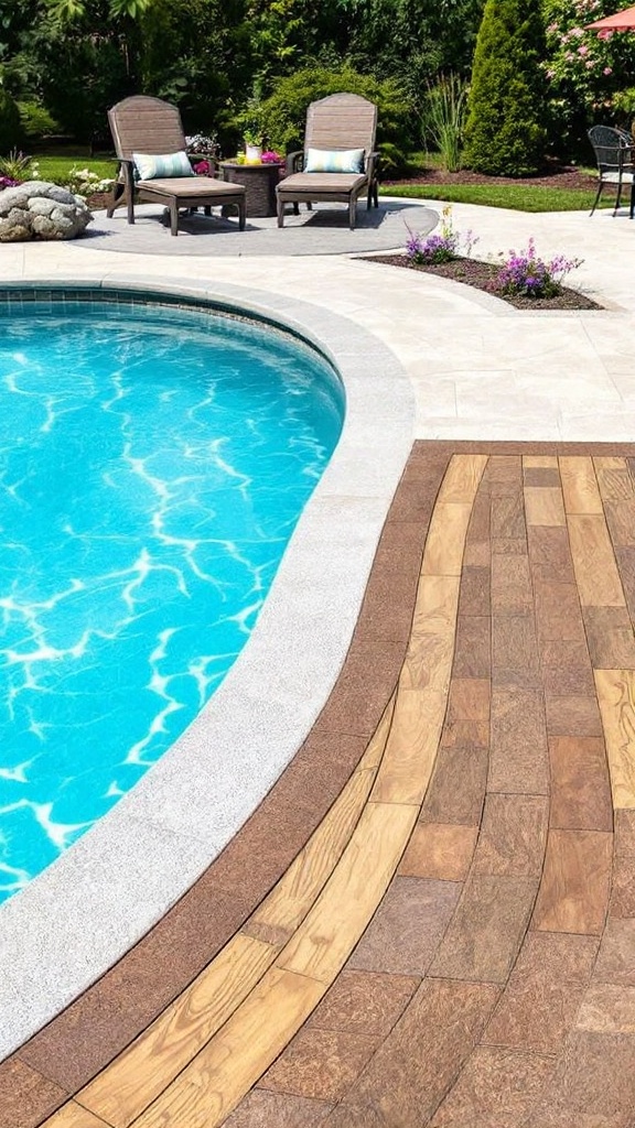 Beautiful pool deck with wooden and stone materials surrounding a clear blue pool.