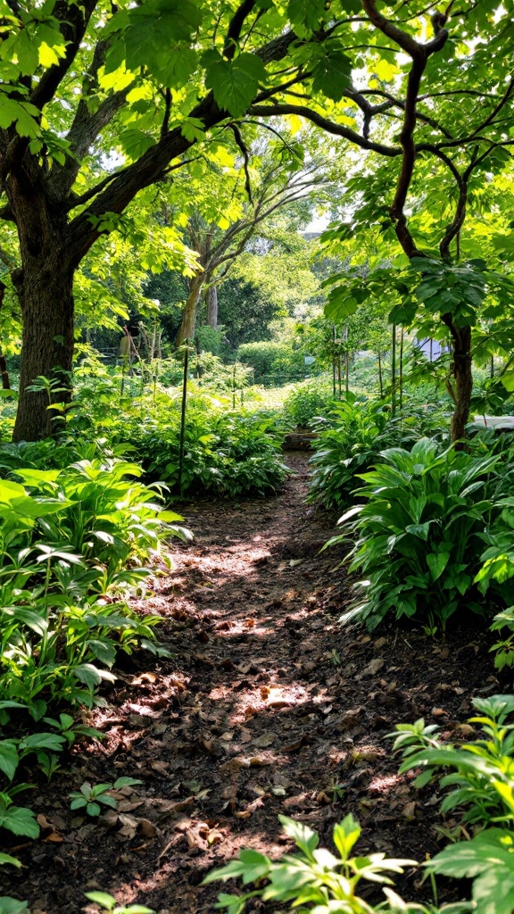 A shaded garden path lined with green plants under trees.