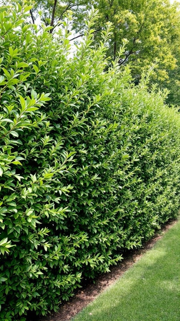 A dense green hedge of laurel plants.