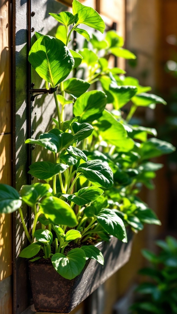 A close-up of healthy spinach plants growing in a vertical planter.