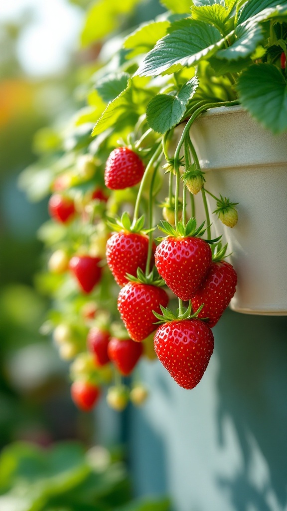 A close-up of ripe strawberries hanging from a vertical garden setup.