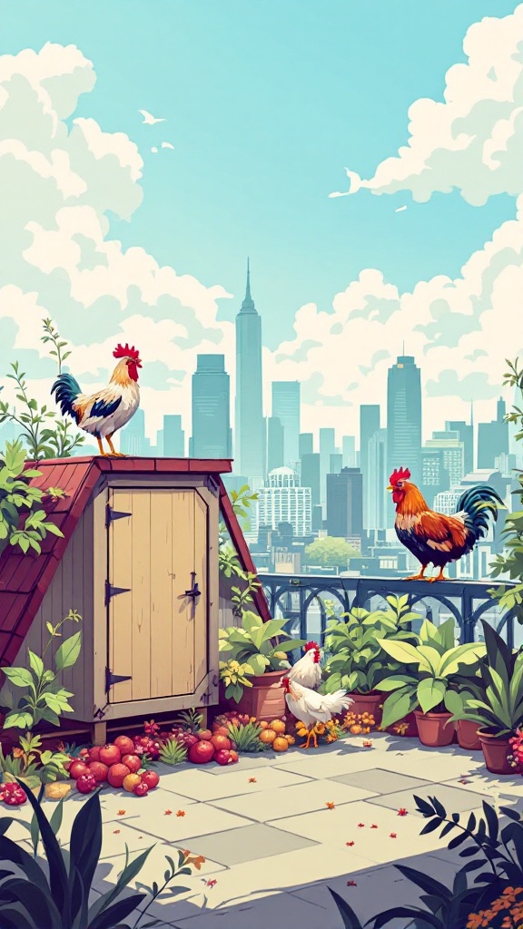 Stylish rooftop chicken coop with city skyline and chickens.