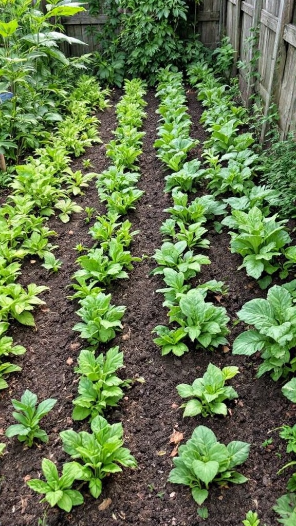 Rows of green plants growing in a garden bed.