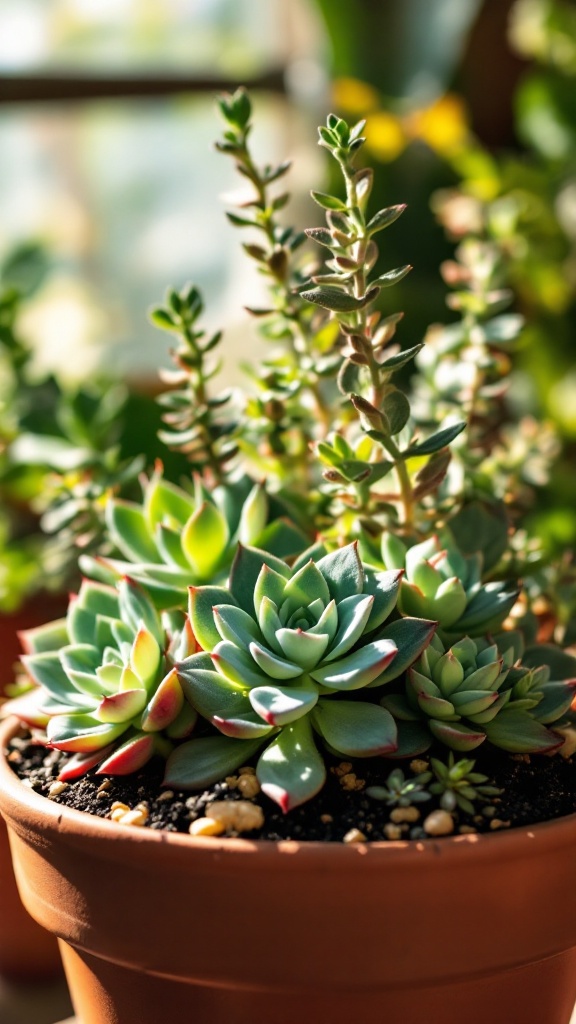 A vibrant arrangement of various succulents in a terracotta pot, showcasing their lush green colors and unique shapes.