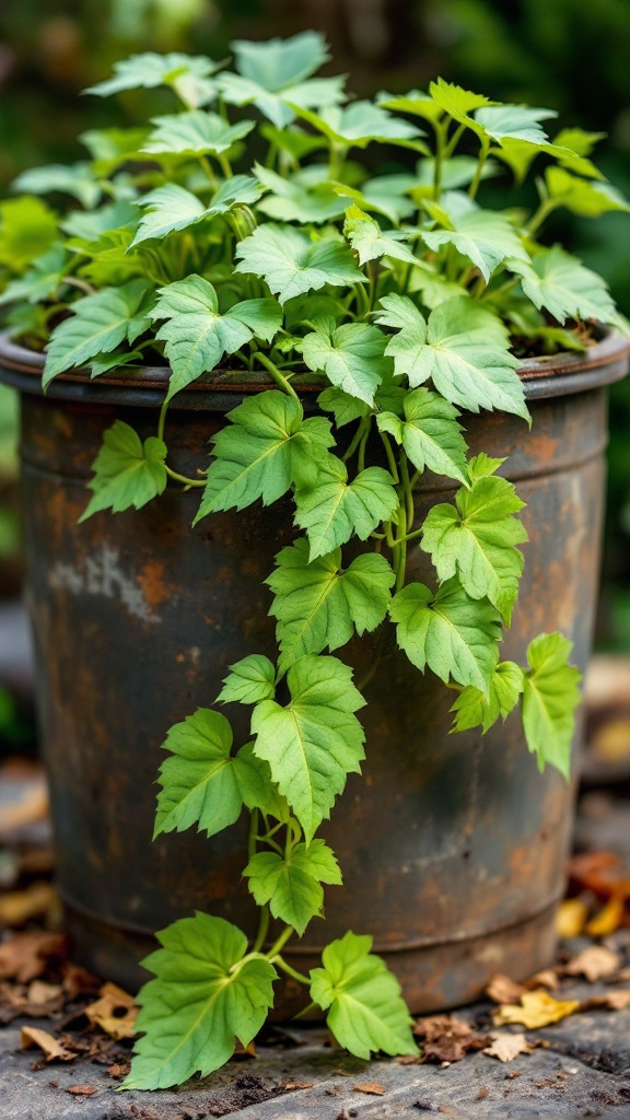 Container with sweet potatoes and green vines