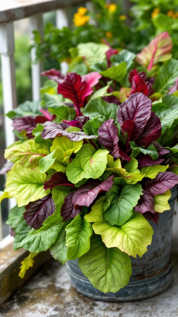 A vibrant display of Swiss chard leaves in various shades of green and red, growing in a metal pot.