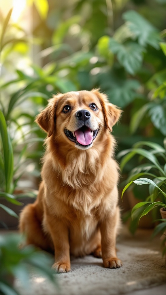 A happy dog sitting among lush indoor plants