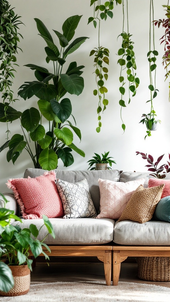 A cozy living room with a couch and various non-toxic plants adorning the walls.