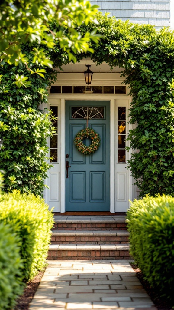 A beautifully framed front entrance with lush green bushes and a blue door.