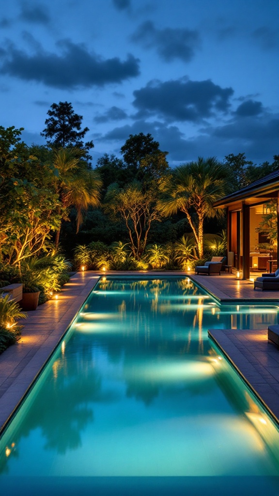 A beautifully lit pool area at night, surrounded by lush greenery and soft lights.