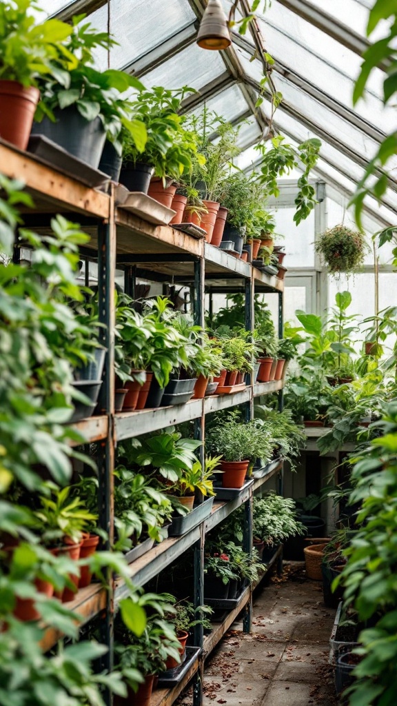 A greenhouse with neatly organized shelves full of various potted plants.