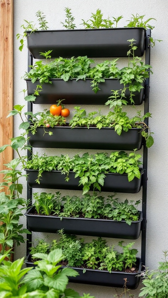 Vertical garden with various herbs and tomatoes growing in black planters.