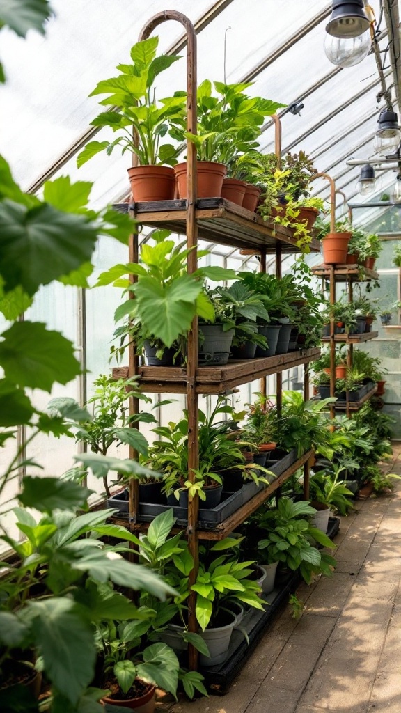 A greenhouse interior showcasing vertical gardening with multiple shelves of potted plants.