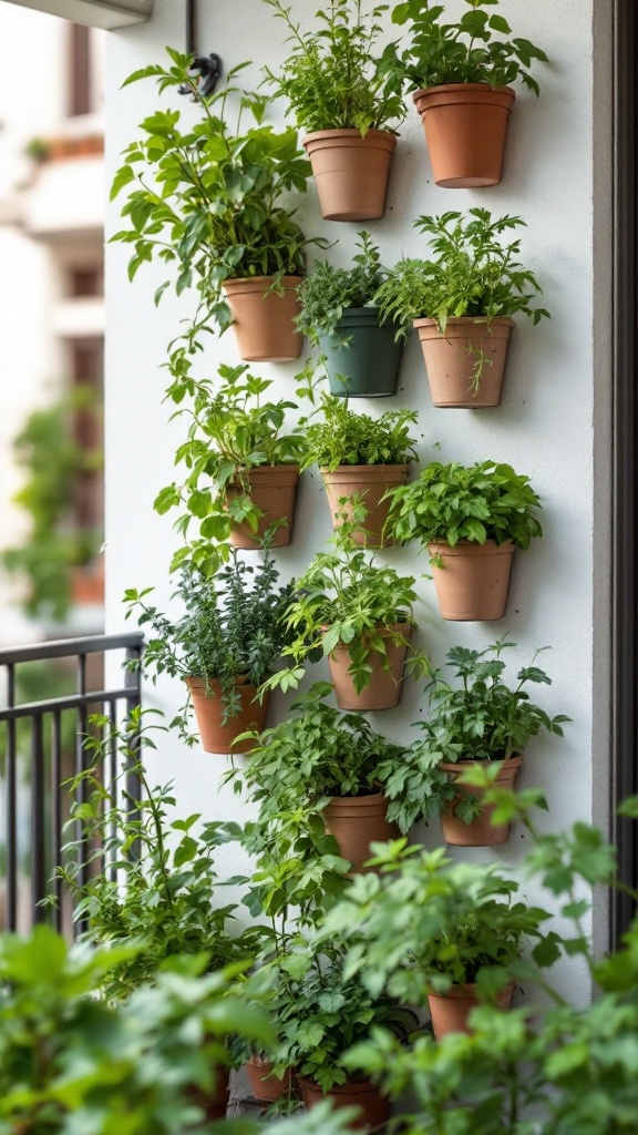 Vertical herb garden with multiple pots hanging on a wall, featuring a variety of green herbs.