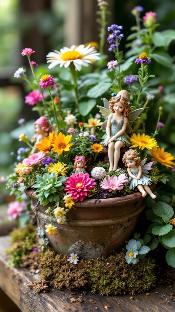 A vibrant fairy garden with colorful flowers and small fairy figurines in a pot.