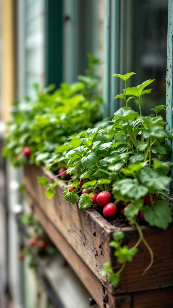 A wooden window box filled with green leafy plants and red radishes.