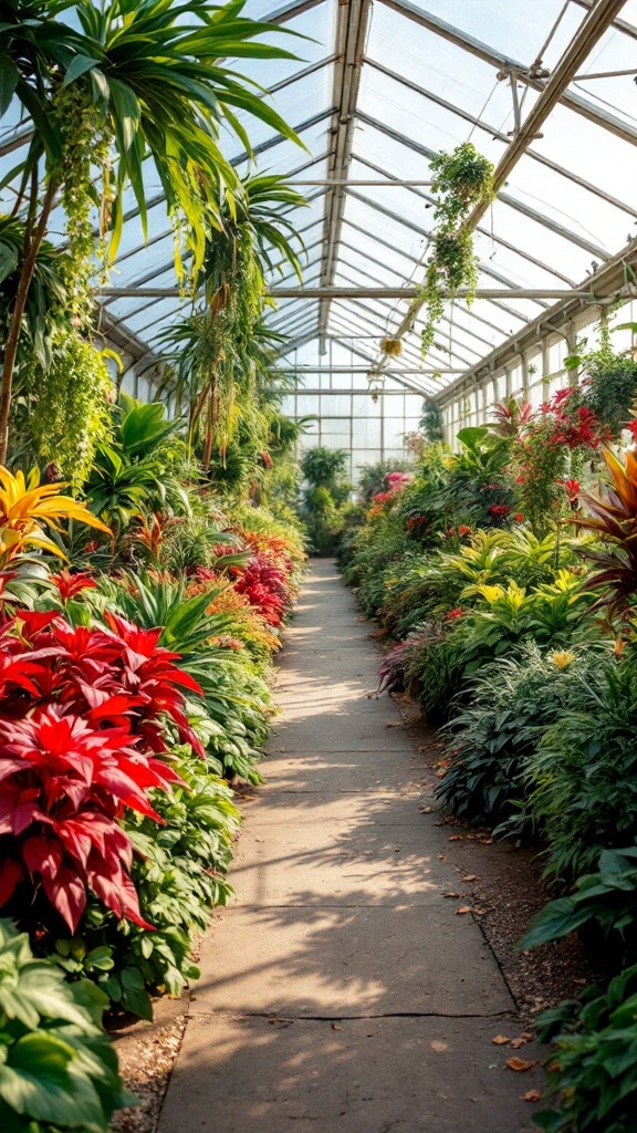 A vibrant greenhouse filled with various plants and flowers.