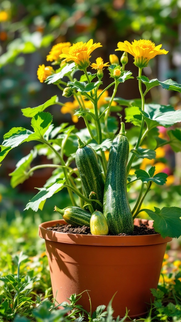 A thriving zucchini plant in a pot with yellow flowers and green zucchinis.